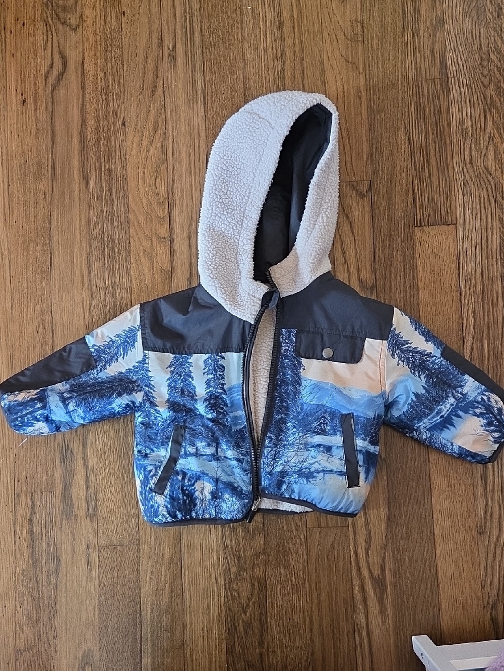 Toddler Reversible Hooded Jacket in Blue Print with Cream Sherpa Alternate Side